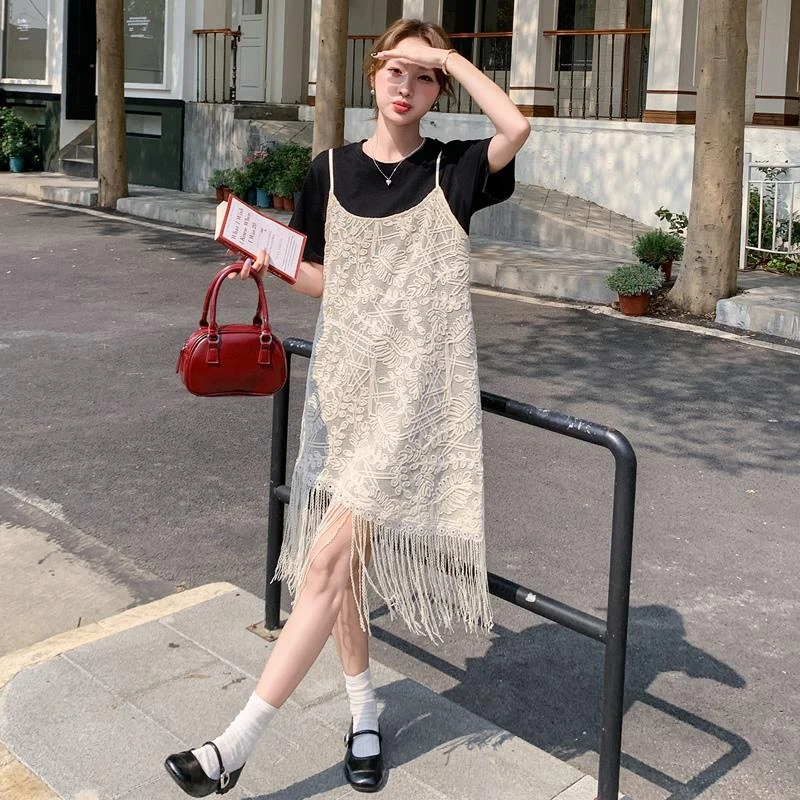蕾丝刺绣印花流苏罩衫吊带裙新款小个子黑色t恤两件套连衣裙女夏