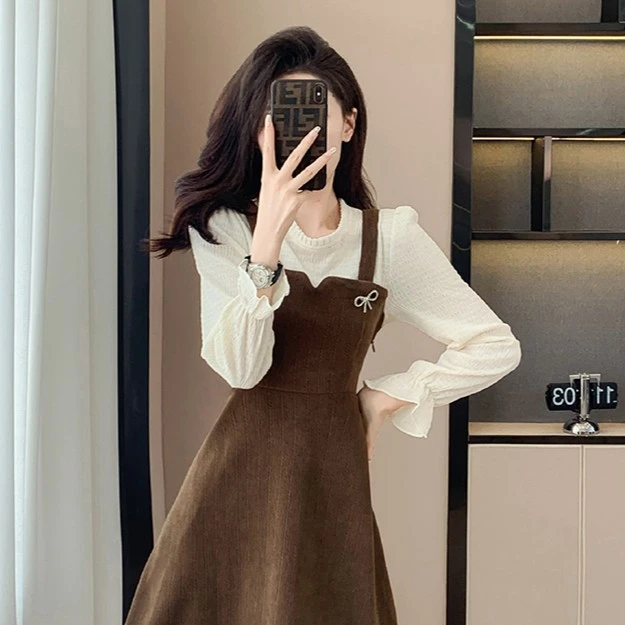 （80-200斤）2025秋冬新款假两件背带连衣裙女灯芯绒长袖拼接裙1412