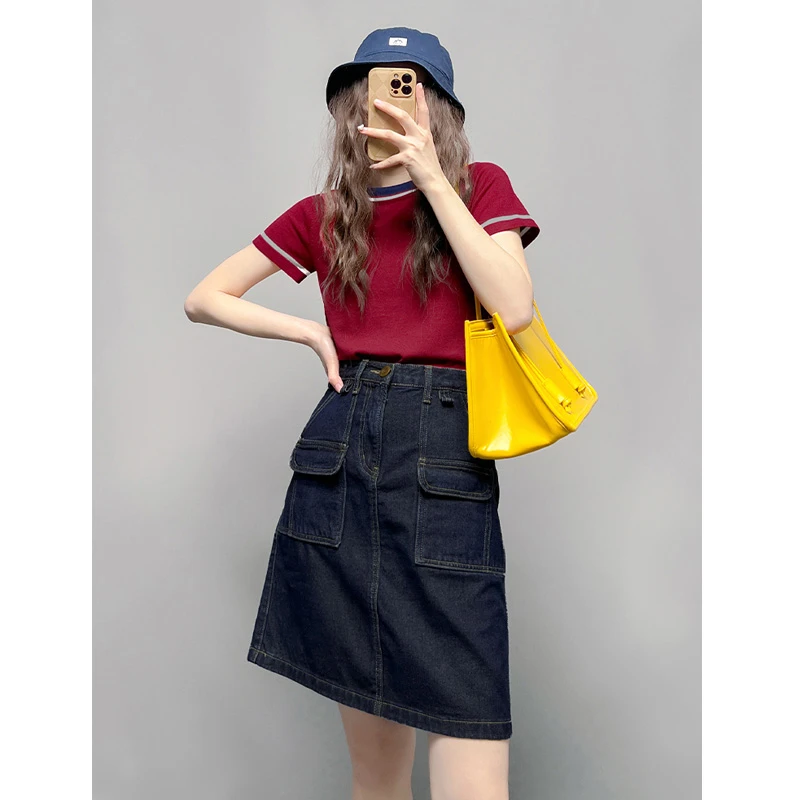 深蓝色牛仔半身裙女2025新款夏季高腰复古工装短裙高腰显瘦A字裙