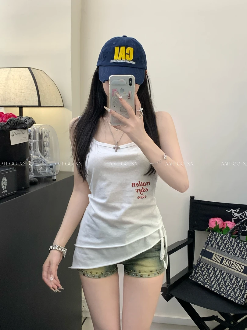 XX【韩版纯欲】夏日性感吊带白色褶皱ins显瘦背心设计感印花上衣