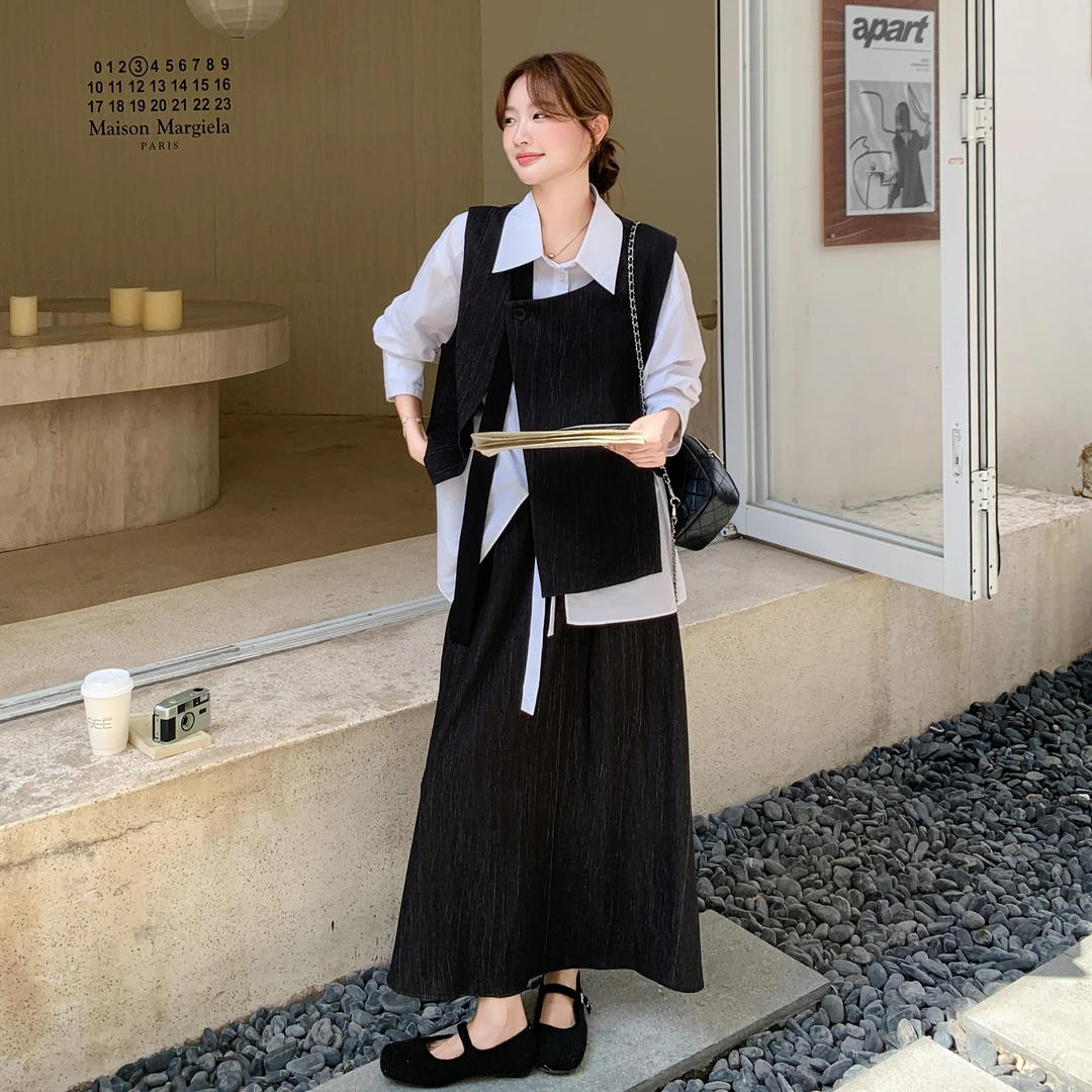 黑色设计感不规则衬衫马甲套装裙女2025秋季新款气质半身裙三件套