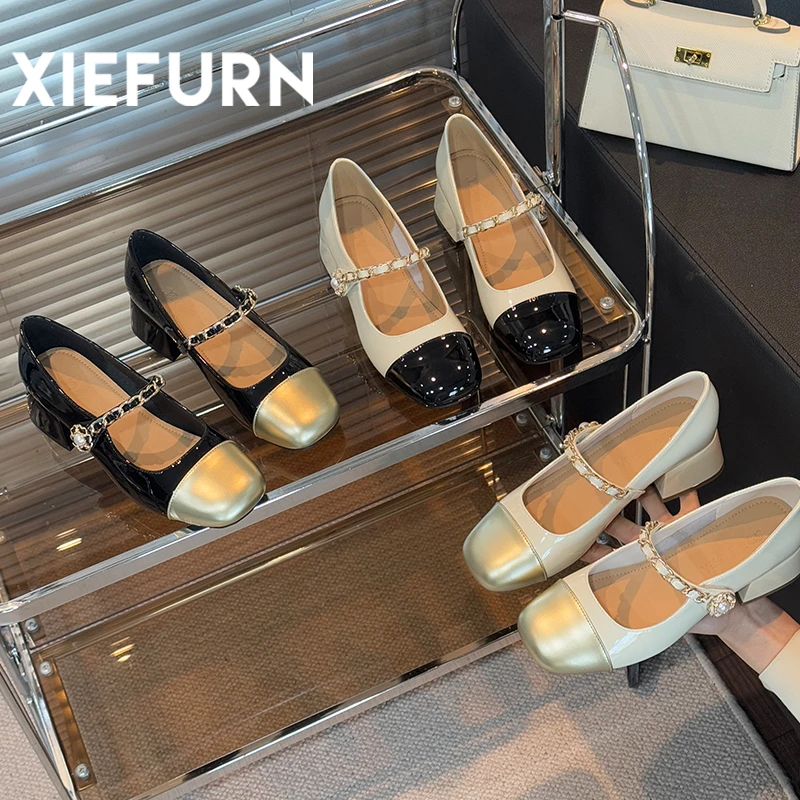 XIEFURN/鞋夫人2025新款小香风方头玛丽珍拼色一字带链条气质单鞋