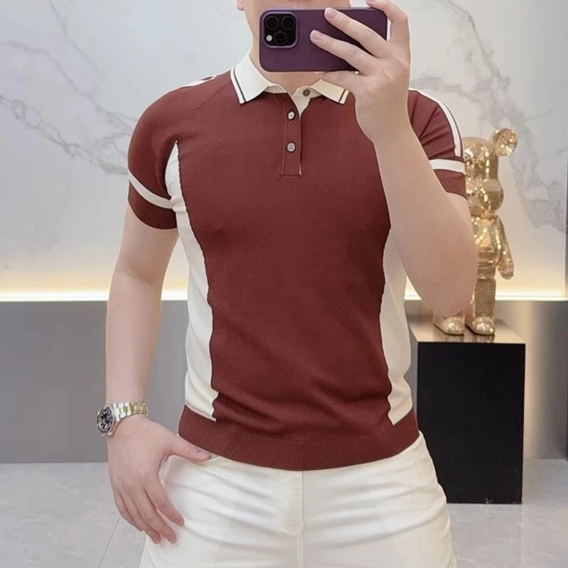 欧货男士针织冰丝短袖半袖时尚POLO剪刀领拼色百搭修身夏季上衣潮