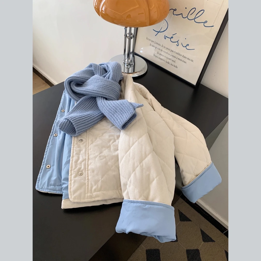 秋冬2025新款女小个子配围巾撞色复古棉服棉衣轻薄夹棉外棉袄外套