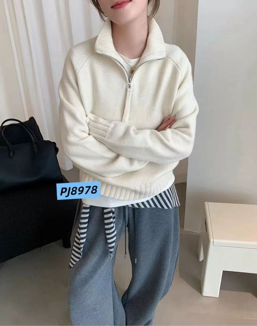 2025新款秋冬女半拉链休闲立领毛针织衫纯色冬季针织8978