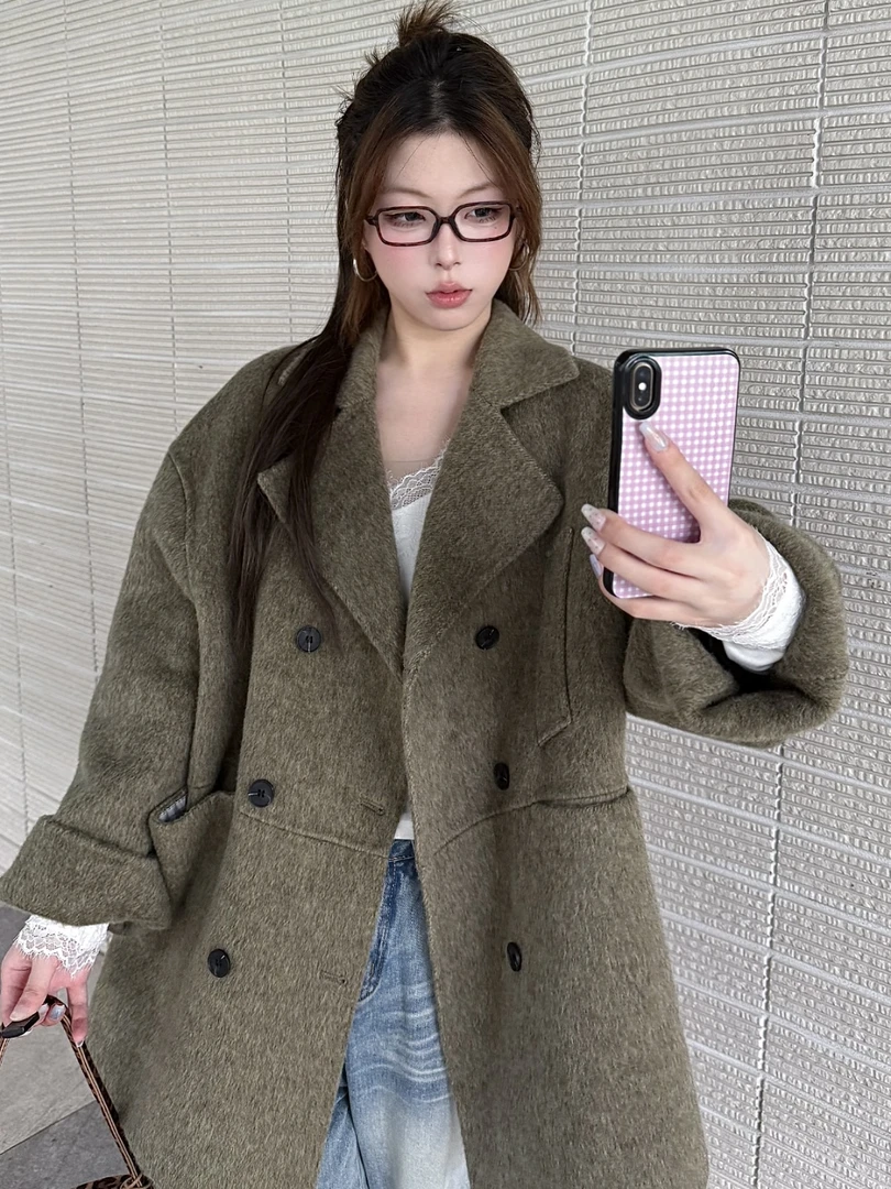 【居里定制】韩系秋冬复古慵懒宽松西装款翻领双面羊毛呢外套中长款