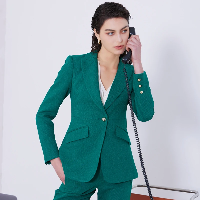 经典廓形墨绿色醋酸混纺金属扣装饰修身百搭女女装外套