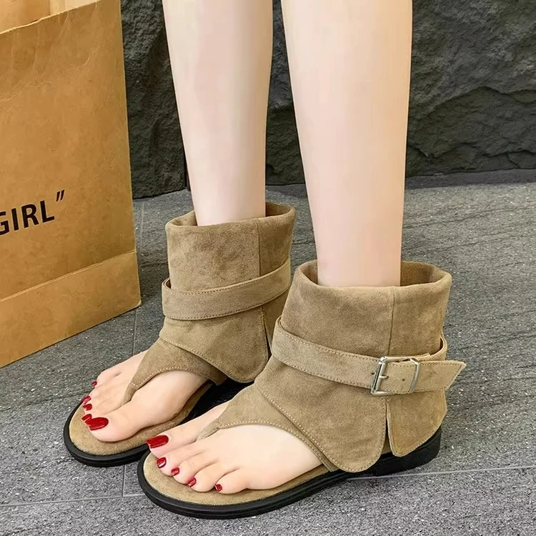 2025新款夏季低跟罗马人字夹趾凉鞋女裤管短靴软底潮百搭显瘦凉靴