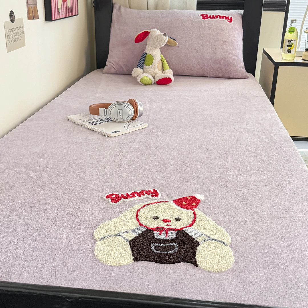 紫色毛巾绣宿舍牛奶绒床笠单件冬天加绒学生单人床垫套保暖褥子套