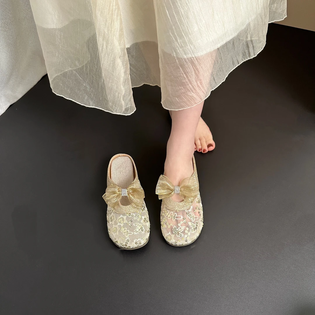 百搭蝴蝶结网纱透气时尚拖鞋春夏季新款女外穿懒人一脚蹬半包单鞋