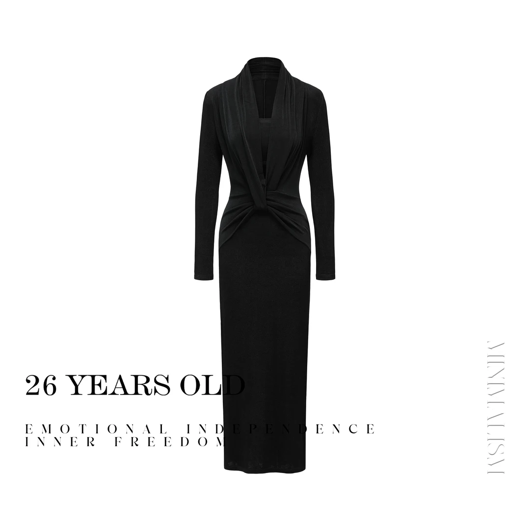 26YEARSOLD气质时尚显瘦轻奢法式深V修身长袖连衣裙针织连衣裙