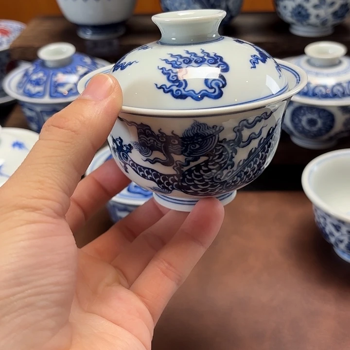 景德镇纯手工手绘龙纹盖碗瑕疵