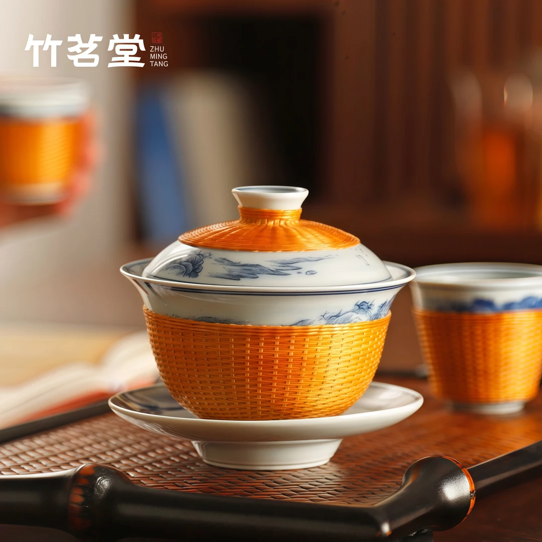 竹编竹丝扣瓷青花三才盖碗茶杯三件套单个高档大号泡茶碗茶具套装