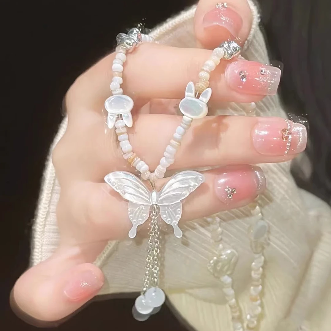 合金项链 夏日蝴蝶流苏串珠项链女小众设计高级感锁骨链2025新款