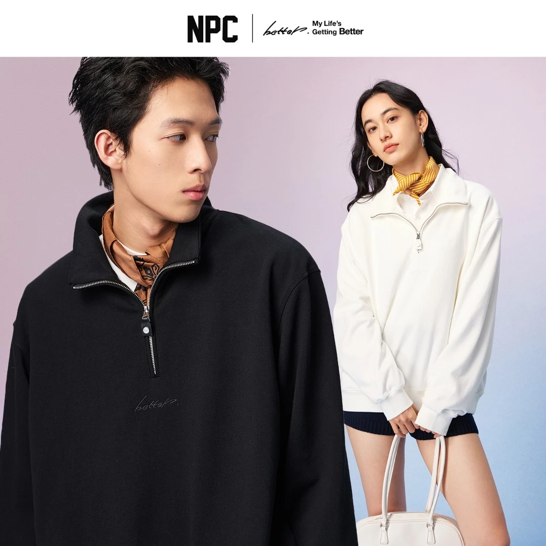 NPC潮牌男女同款秋纯色口袋刺绣半开襟拉链套头卫衣穿搭NP57ST15