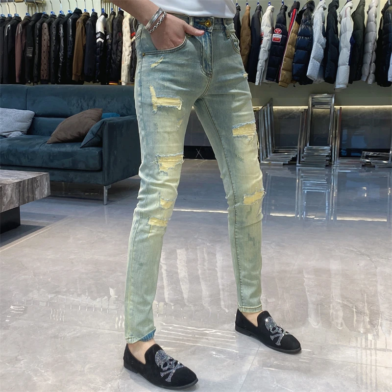 【也许家】新品男士夏季时尚破洞修身弹力小脚牛仔裤EE7676