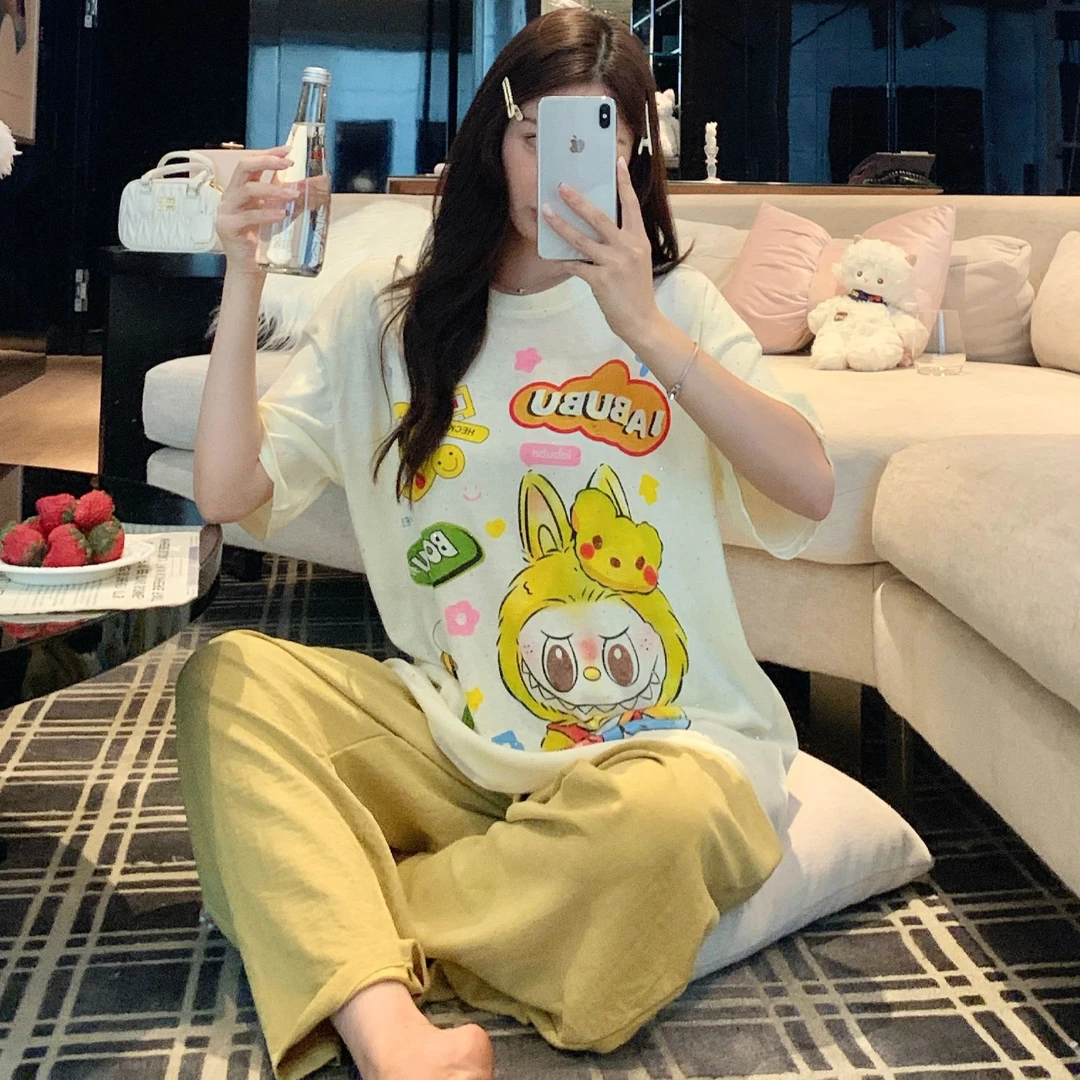 睡衣女夏季2025新款短袖三件套可外穿女士大码卡通休闲家居服