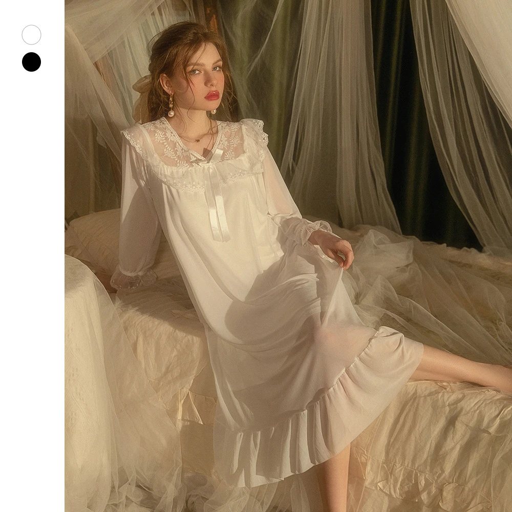 韩版公主家居服人棉内衬网纱宫廷睡衣女睡裙甜美高级感蕾丝长裙