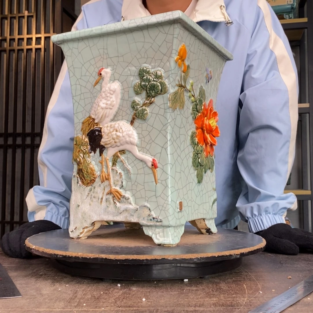 陶瓷花**学2豆青方盆