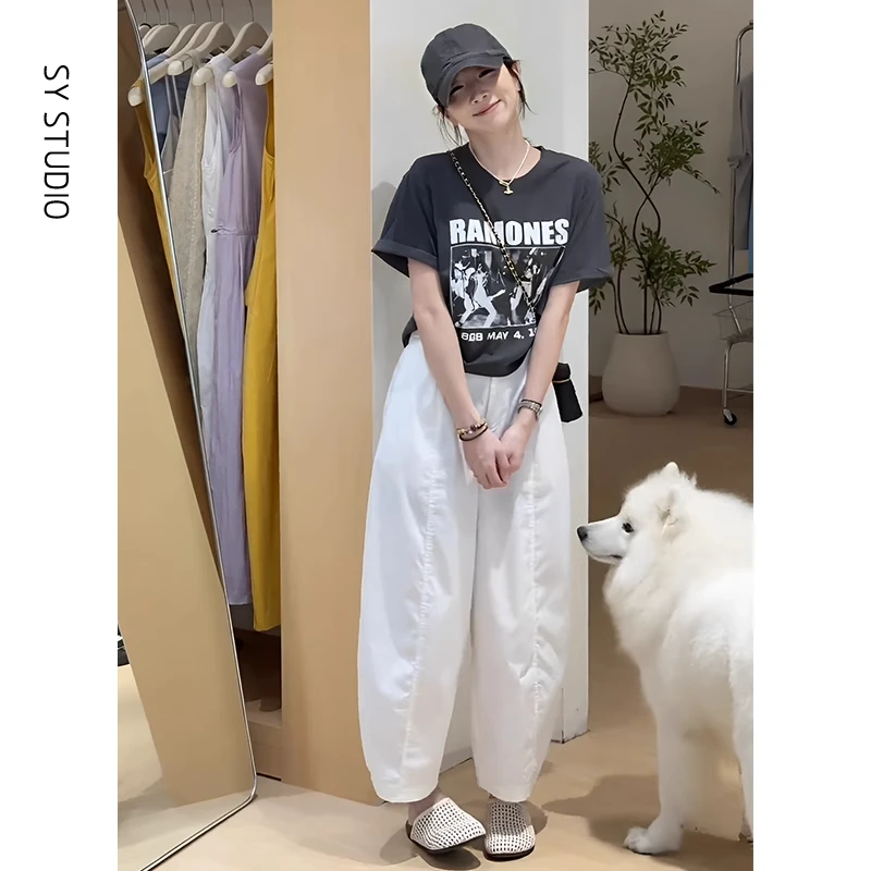 套装夏女2026新款美式复古印花百搭显瘦T恤韩版宽松九分裤两件套