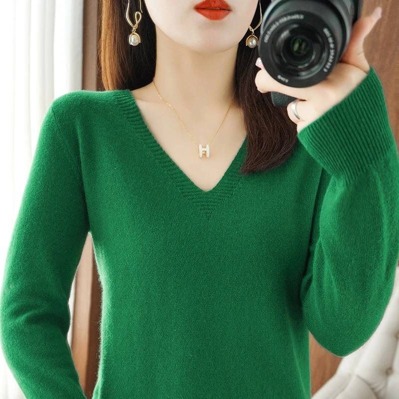 2025春季新款100%羊毛低圆领纯色长袖羊毛衫宽松显瘦71424 双款