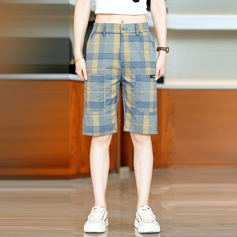 男士夏季新款五分裤潮流格子六口袋中腰宽松百搭直筒弹力透气男裤