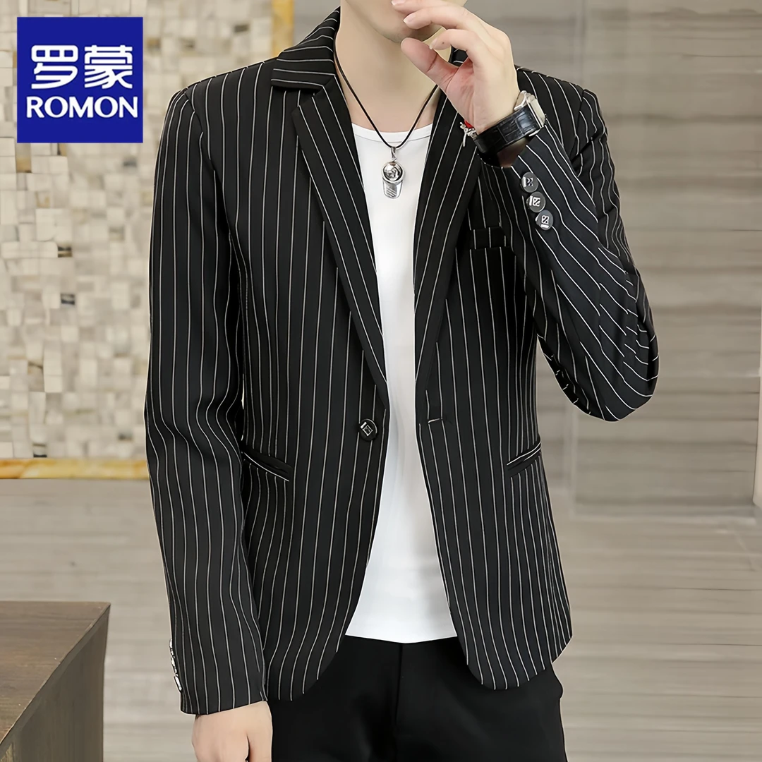 Romon/罗蒙秋装夹克男士休闲韩版帅气潮流修身条纹小西装外套皮衣