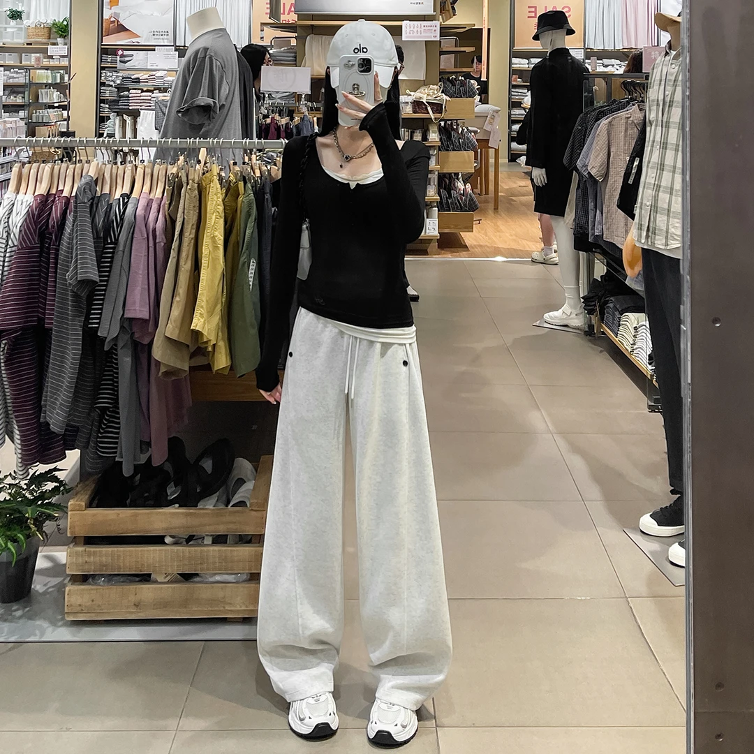 2025爆款白灰色休闲阔腿裤女秋季新款高腰显瘦宽松垂感直筒运动裤