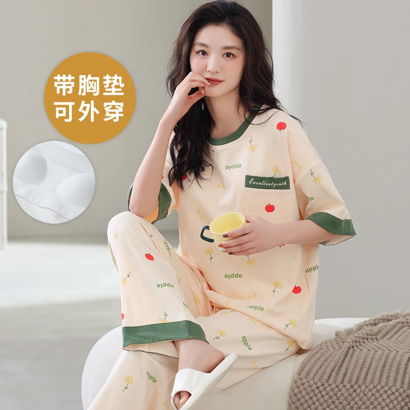 夏季短袖大码睡衣套装自带胸垫一体家居服学生薄款可外穿韩版卡通