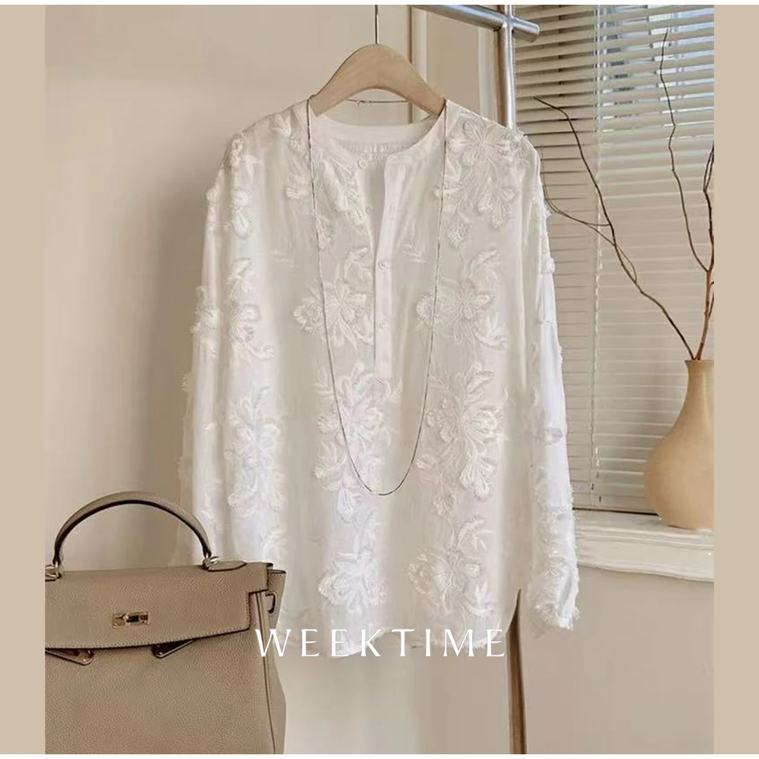 【一路繁花】3D立体重工植花松身8分袖衬衫 氛围感衬衣86765