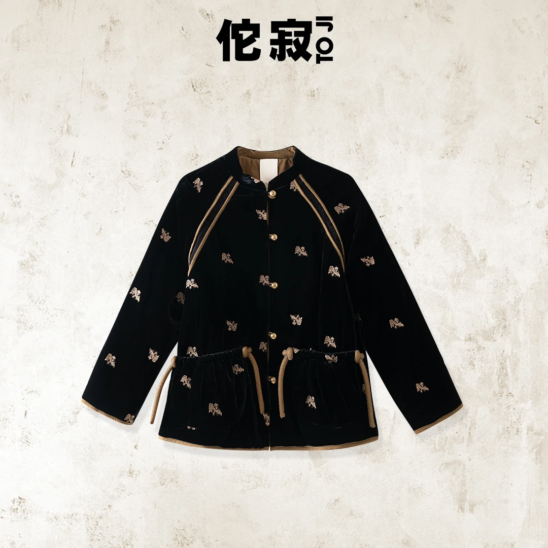 TOJI佗寂时尚丝绒绣花棉服冬季保暖棉衣新中式刺绣外套女AEO3F451