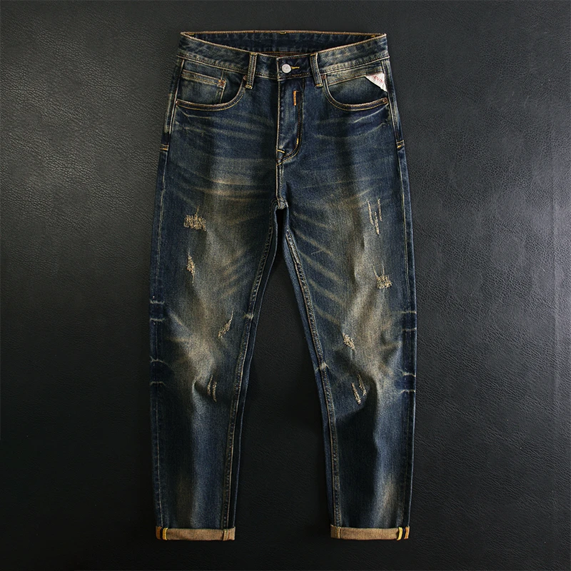 梦泡美式复古休闲牛仔裤男款修身小直1男款黑色直筒宽松牛仔裤