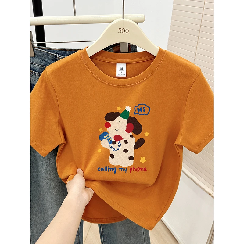 南瓜色正肩短袖T恤女装2025夏季新款洋气卡通印花大码圆领上衣服