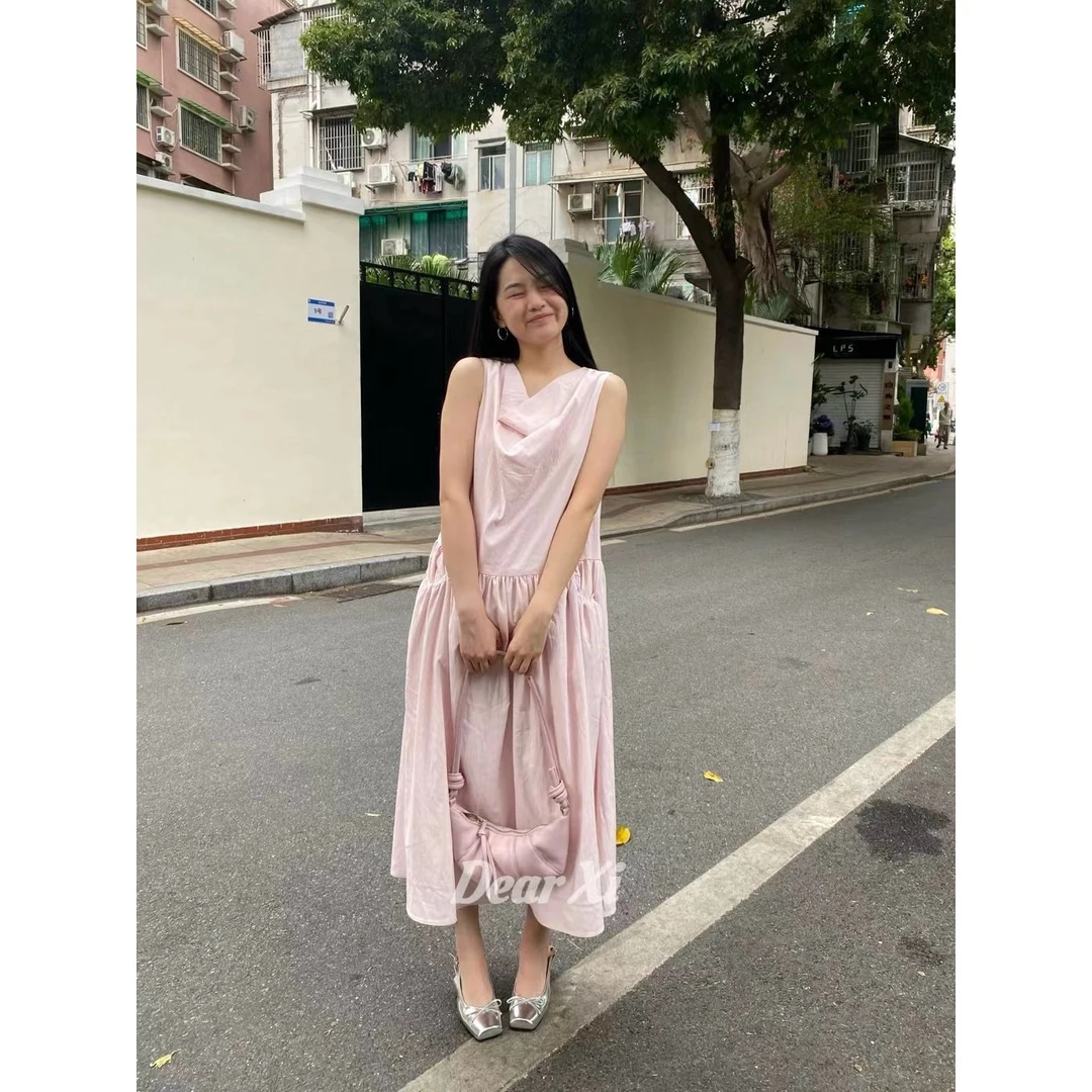 猫姐推荐｜宽松设计款法式气质显瘦荡领褶皱无袖背心连衣裙长裙女