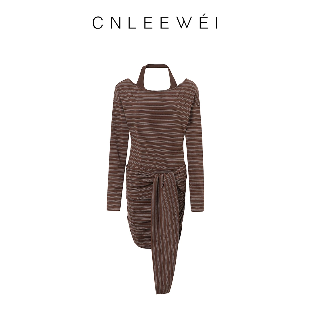 CNLEEWEI秋季新款 条纹设计师时尚挂脖系带气质休闲连衣裙