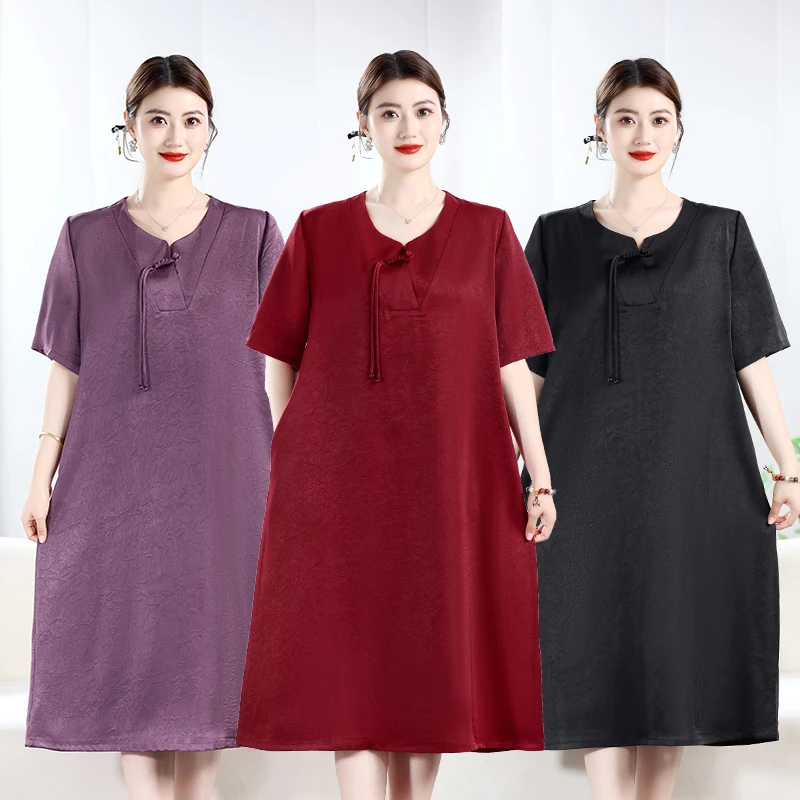 大码气质妈妈装套头夏季连衣裙纯色国风圆领裙宽松遮肉款气质时尚