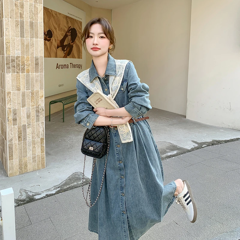 牛仔蓝法式甜酷风蕾丝披肩连衣裙女2025年春季新款高腰气质衬衫裙
