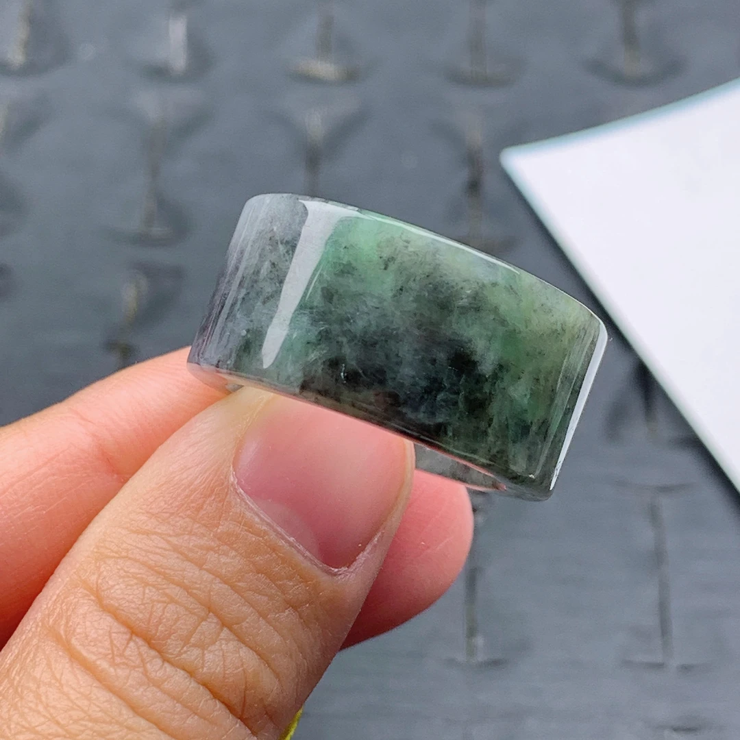 23号缅甸天然A货翡翠T539内径20.3/12.8/3.4mm乌鸡飘绿半山水扳指