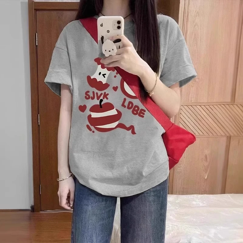 大码300斤灰色重磅圆领短袖t恤女2025新款显瘦胖mm宽松半袖上衣服