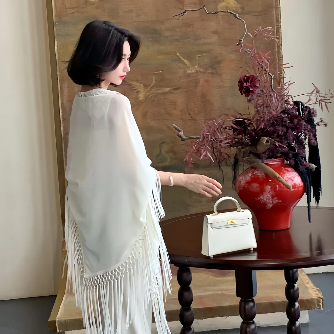 【大晶定制】夏季新款国风流苏气质白色百搭披肩