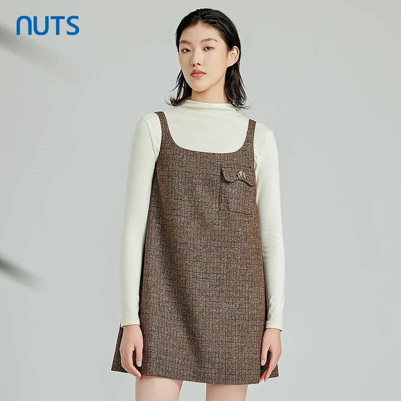 NUTS商场同款春秋时尚气质方领长袖吊带连衣裙套装女312103050B