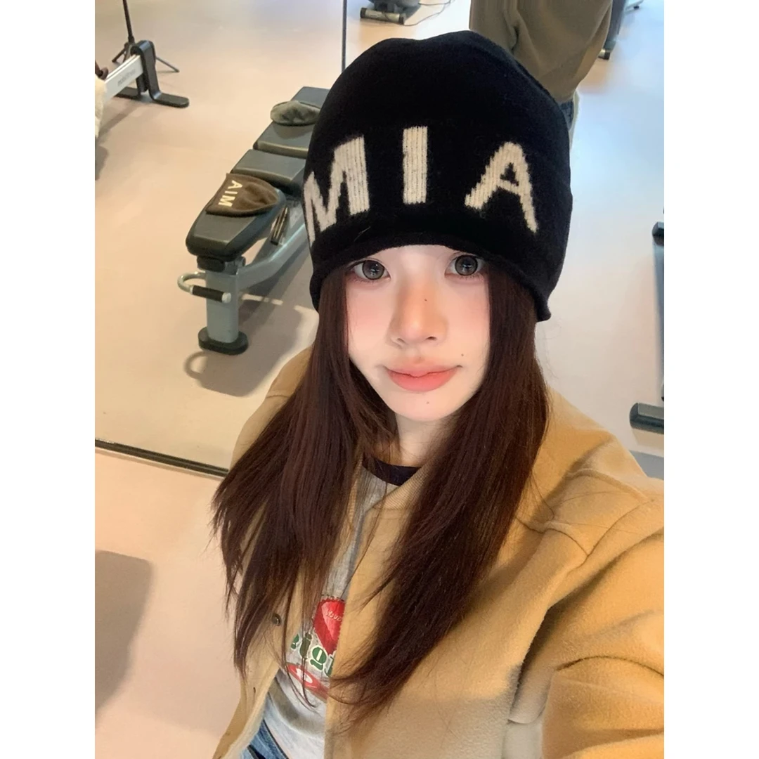 韩版ins字母包头帽子女春秋季时尚百搭大头围套头冷帽针织堆堆帽