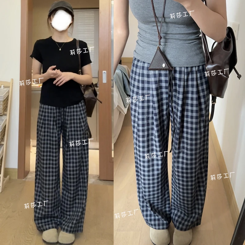 小个子复古慵懒风格子裤子2025夏季新款高腰垂感休闲裤直筒拖地裤