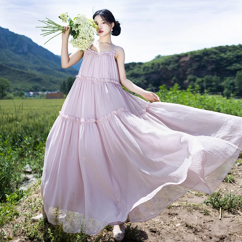 现货3339【一瓣温柔】夏季吊带连衣裙女2025年新款木耳边荷叶边裙