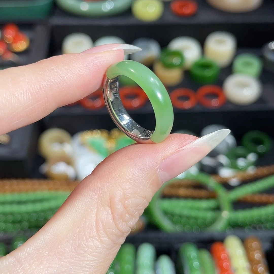 和田玉（碧玉）银S925镶嵌戒指内径15.3 碧玉实心银镶