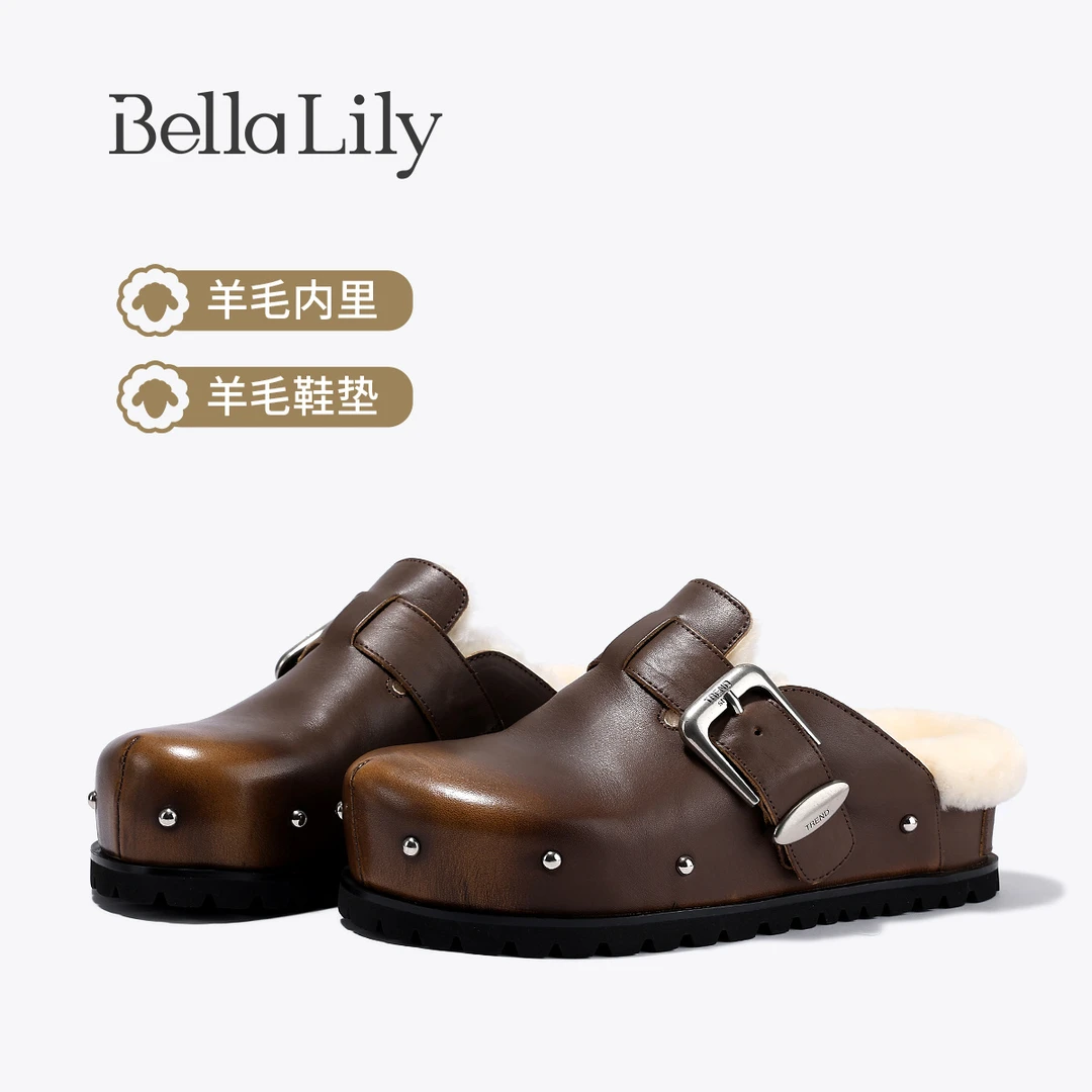 BellaLily2025秋季新款复古牛皮勃肯半拖鞋女单鞋加绒懒人毛毛鞋