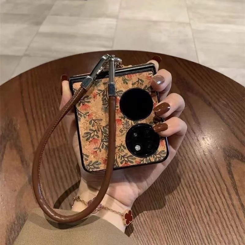 复古棕皮纹小红花手提链华为pocket2手机壳mixflip秋冬新款折叠屏