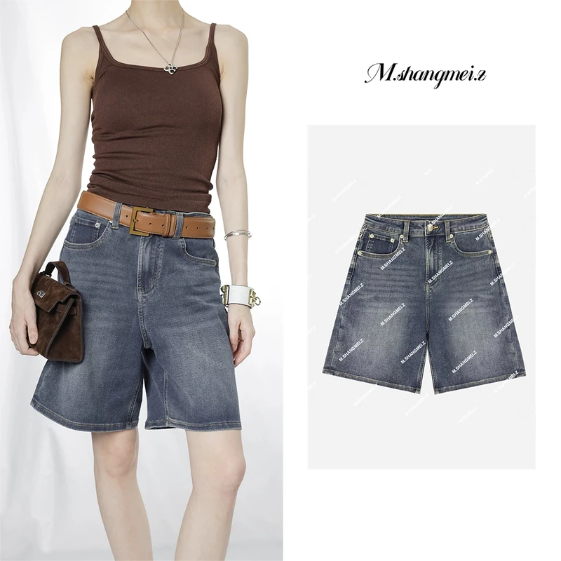 M.SHANGMEI.Z/沐熙【高腰中裤】美大哥时髦猫须水洗牛仔短裤X052470