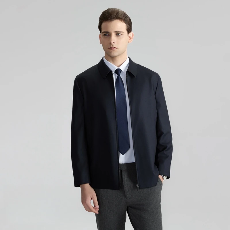 【Super160支】精纺羊毛行政夹克男商务春秋薄款羊绒茄克桑蚕丝外套