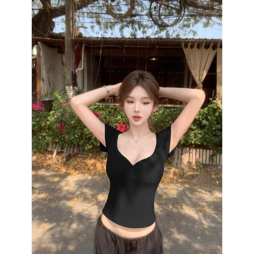 纯棉甜美V领小众t恤女夏季修身弹力显瘦紧身短款上衣辣妹正肩短袖
